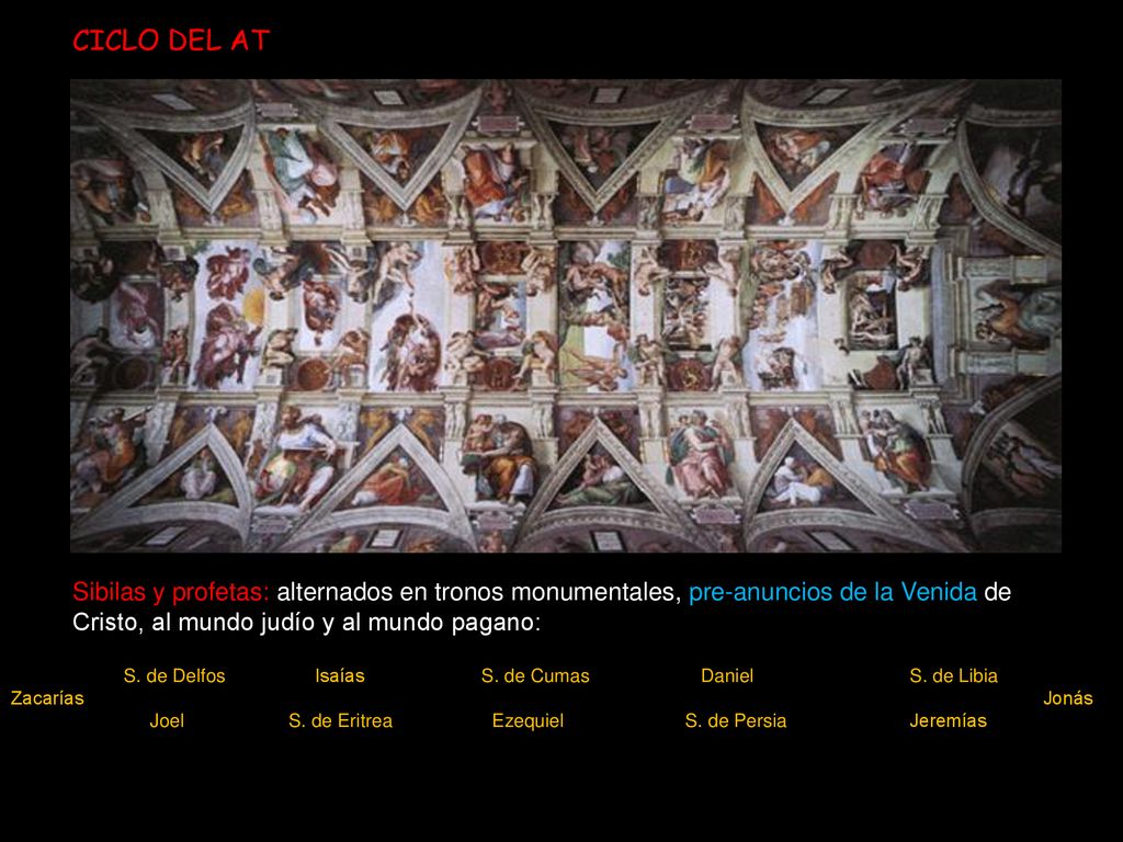 CICLO DEL AT Sibilas y profetas: alternados en tronos monumentales, pre-anuncios de la Venida de Cristo, al mundo judío y al mundo pagano: