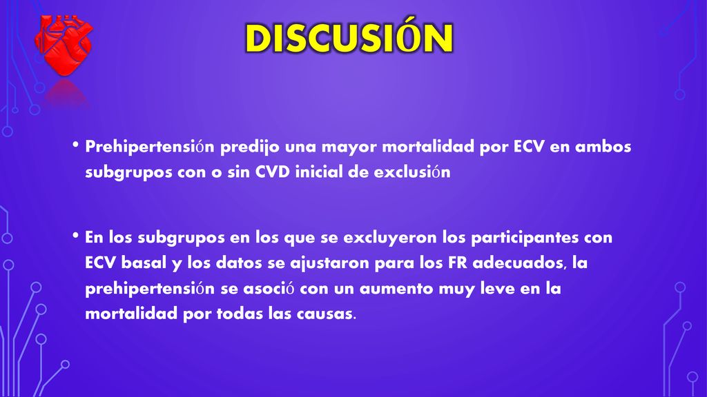 DISCUSIÓN Prehipertensión predijo una mayor mortalidad por ECV en ambos subgrupos con o sin CVD inicial de exclusión.