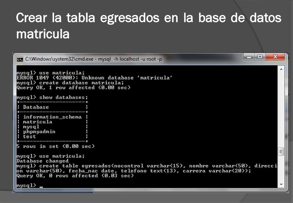 Crear la tabla egresados en la base de datos matricula