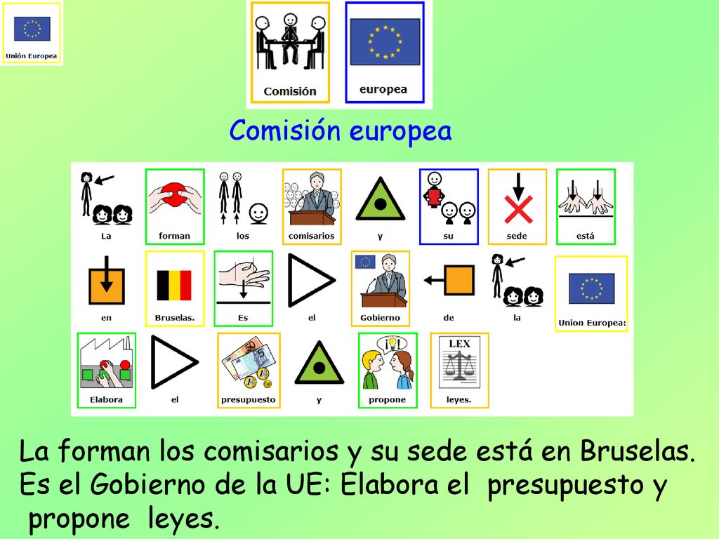 Comisión europea La forman los comisarios y su sede está en Bruselas. Es el Gobierno de la UE: Elabora el presupuesto y.