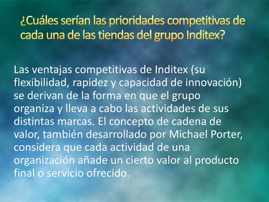 9/15/2018 7:01 AM ¿Cuáles serían las prioridades competitivas de cada una de las tiendas del grupo Inditex