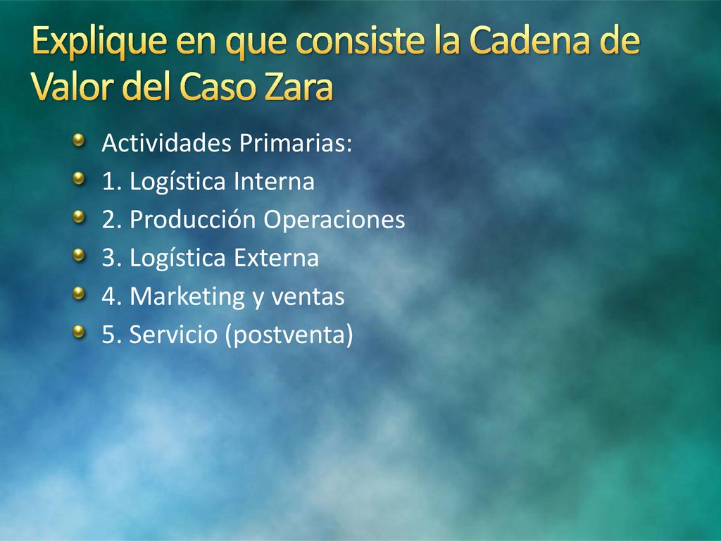 Explique en que consiste la Cadena de Valor del Caso Zara