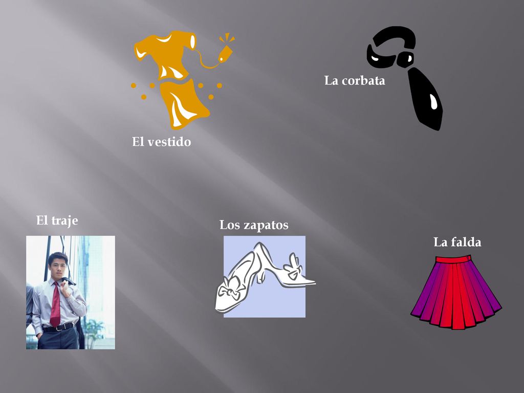La corbata El vestido El traje Los zapatos La falda