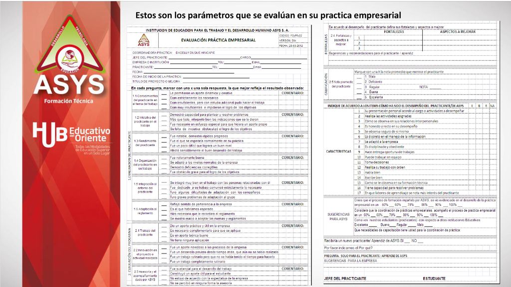 Estos son los parámetros que se evalúan en su practica empresarial