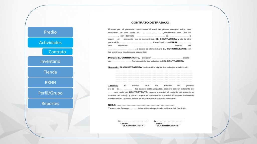 Predio Actividades Contrato Inventario Tienda RRHH Perfil/Grupo Reportes