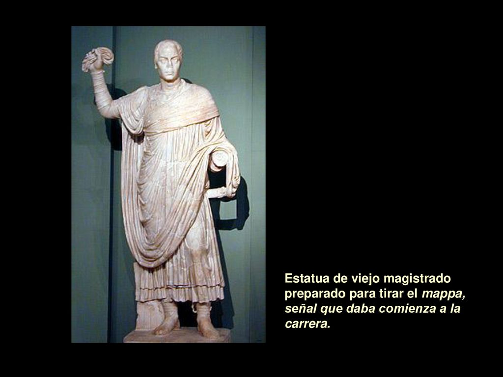 Estatua de viejo magistrado preparado para tirar el mappa, señal que daba comienza a la carrera.
