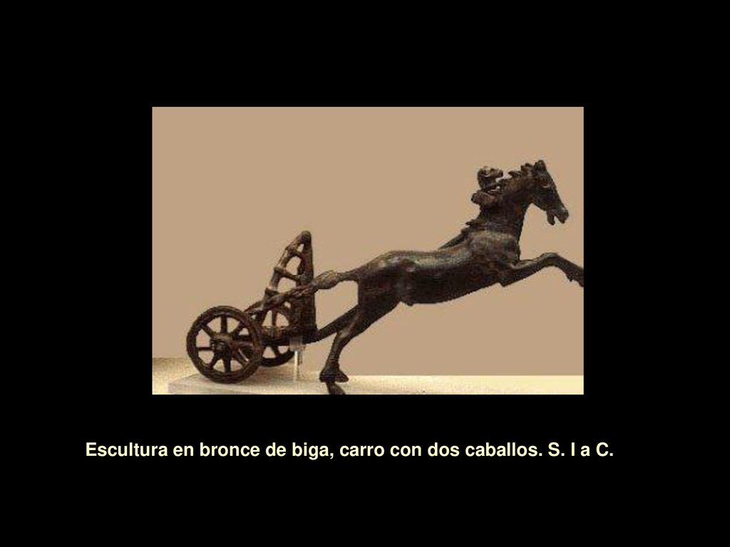 Escultura en bronce de biga, carro con dos caballos. S. I a C.