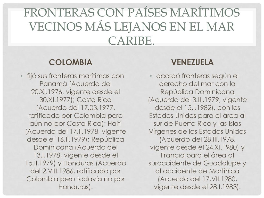 fronteras con países marítimos vecinos más lejanos en el Mar Caribe.