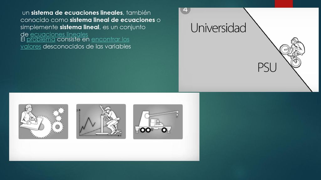 un sistema de ecuaciones lineales, también conocido como sistema lineal de ecuaciones o simplemente sistema lineal, es un conjunto de ecuaciones lineales