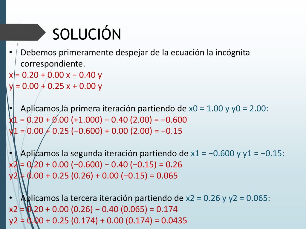 SOLUCIÓN Debemos primeramente despejar de la ecuación la incógnita correspondiente. x = x − 0.40 y.