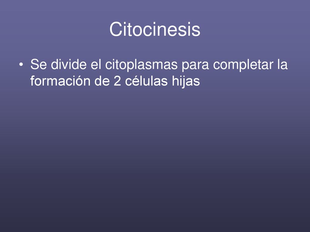 Citocinesis Se divide el citoplasmas para completar la formación de 2 células hijas