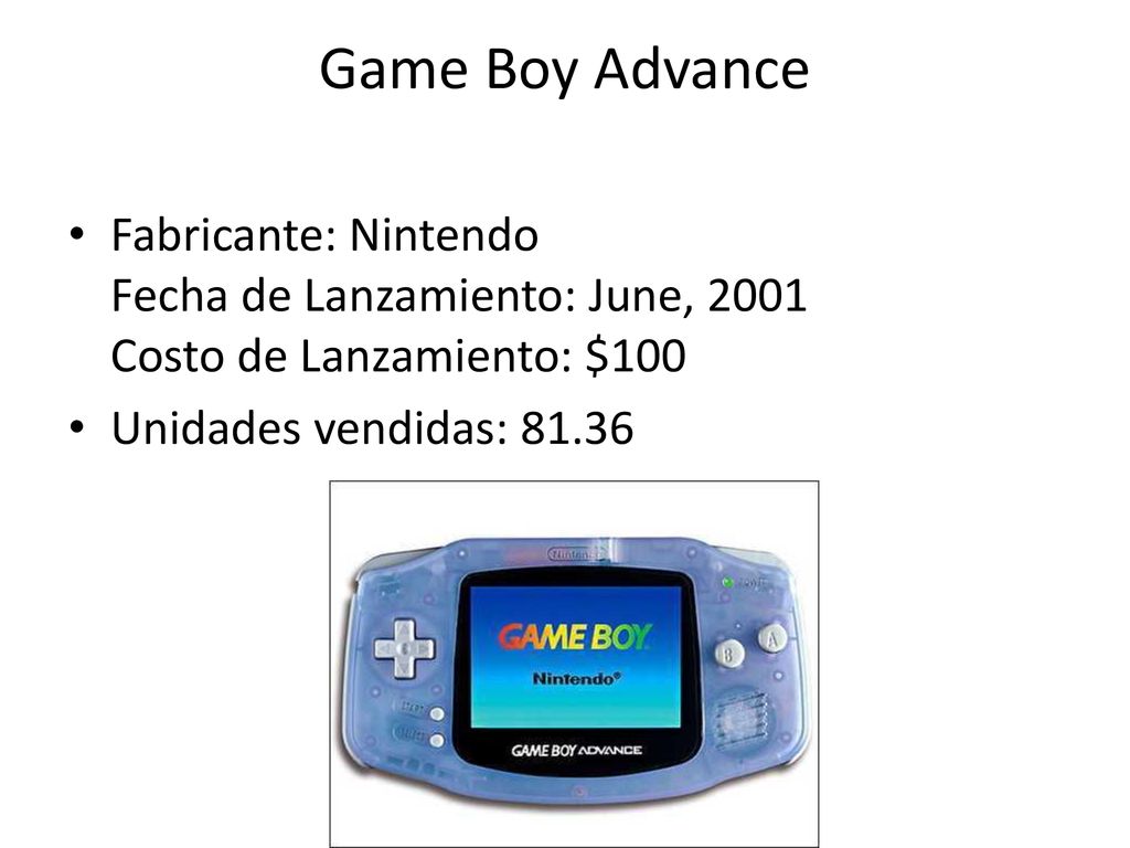Game Boy Advance Fabricante: Nintendo Fecha de Lanzamiento: June, 2001 Costo de Lanzamiento: $100.