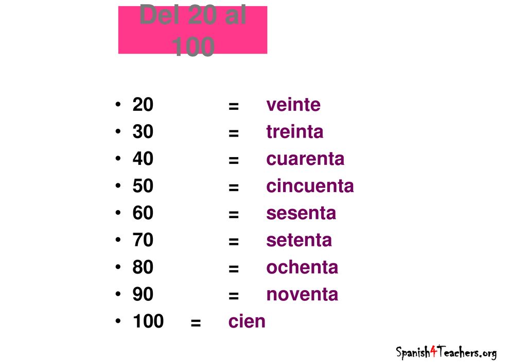 Del 20 al = veinte 30 = treinta 40 = cuarenta 50 = cincuenta