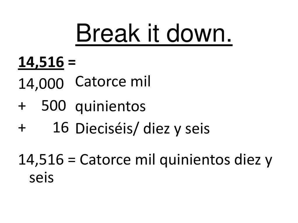 Break it down. 14,516 = 14, ,516 = Catorce mil quinientos diez y seis Catorce mil.