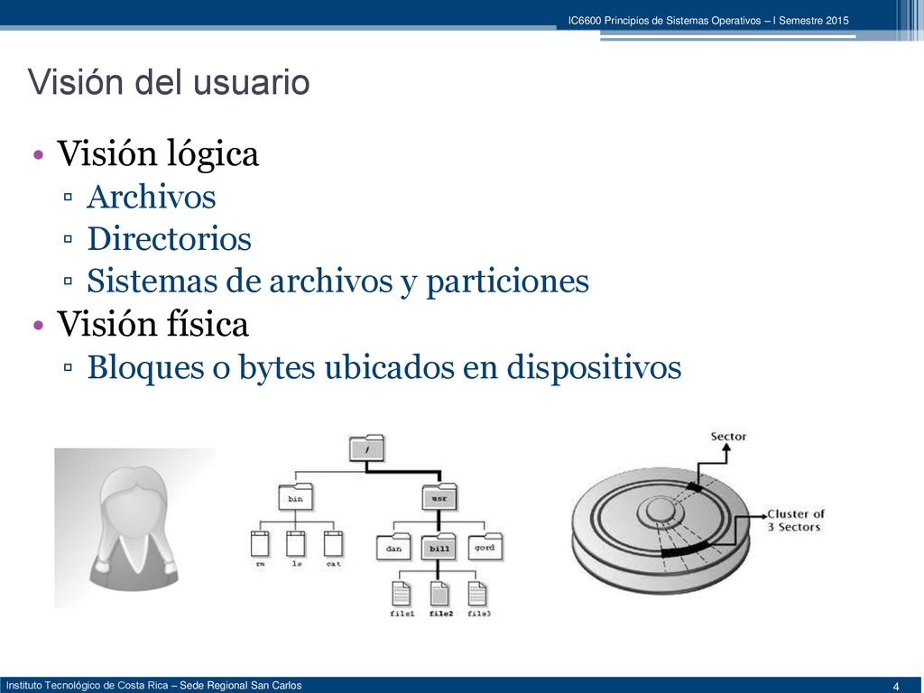 Visión del usuario Visión lógica Visión física Archivos Directorios