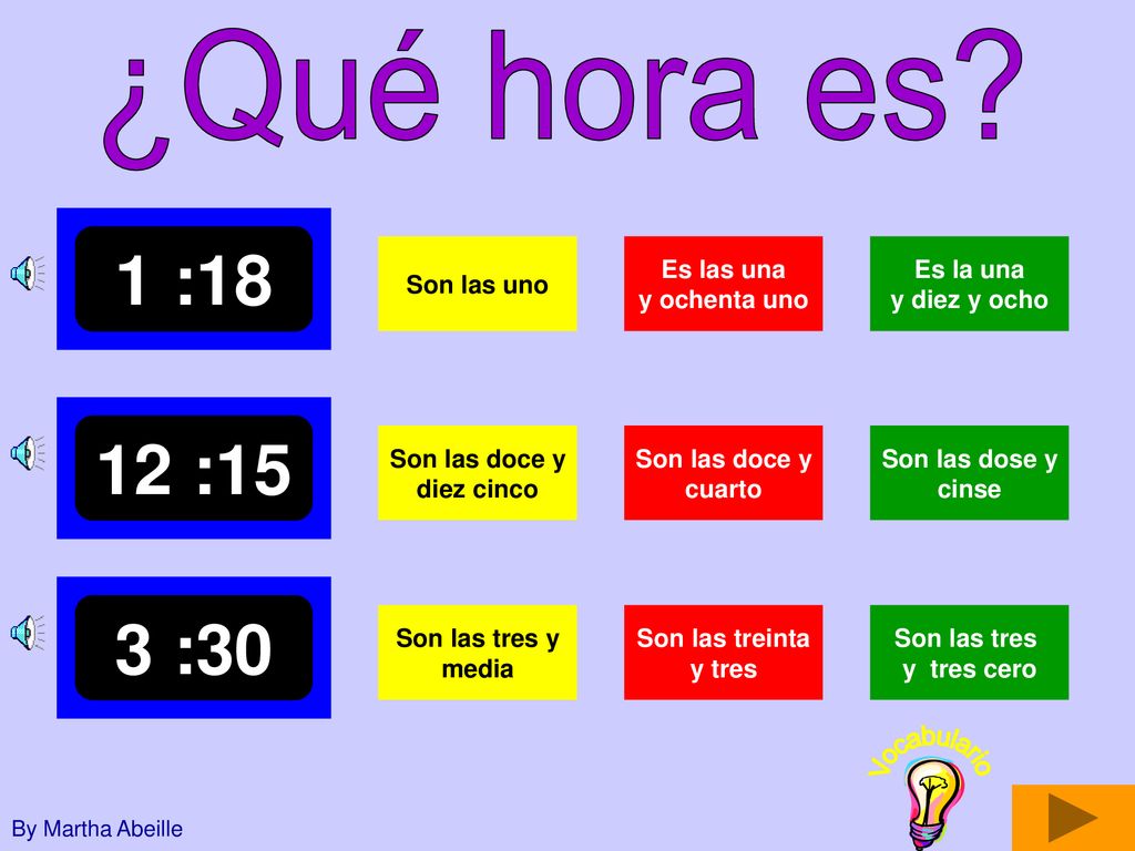 1 :18 12 :15 3 :30 ¿Qué hora es Vocabulario Son las uno Es las una