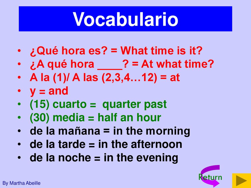 Vocabulario ¿Qué hora es = What time is it
