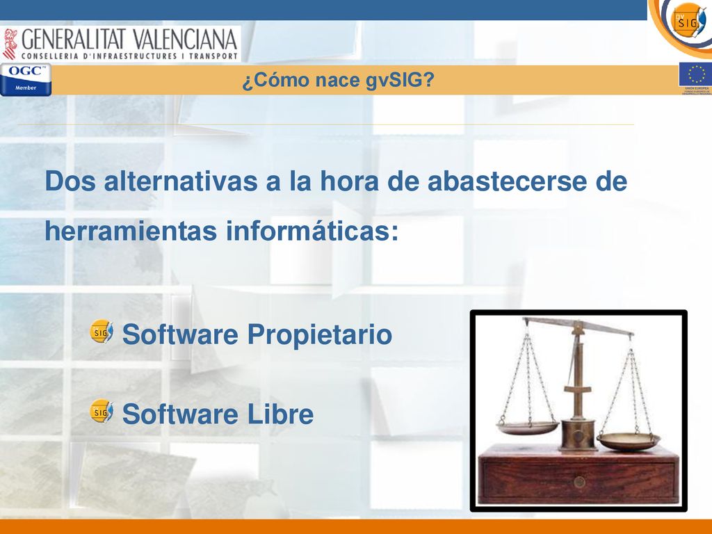 ¿Cómo nace gvSIG Dos alternativas a la hora de abastecerse de herramientas informáticas: Software Propietario.