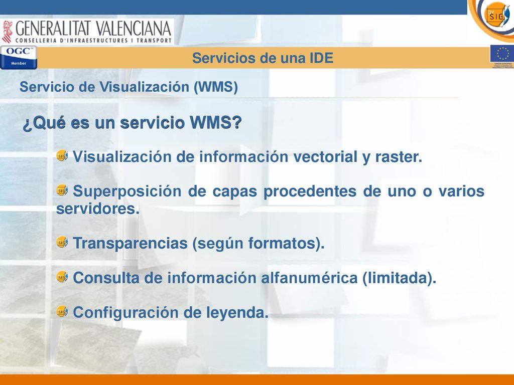 Servicios de una IDE Servicio de Visualización (WMS) ¿Qué es un servicio WMS Visualización de información vectorial y raster.