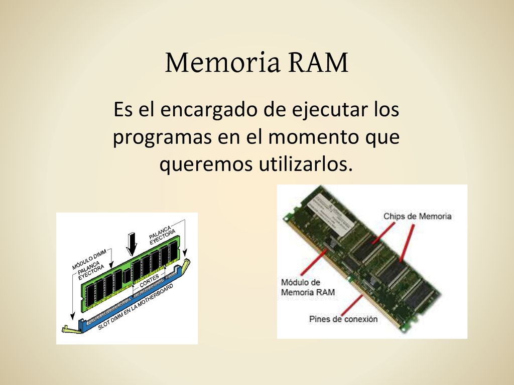 Memoria RAM Es el encargado de ejecutar los programas en el momento que queremos utilizarlos.