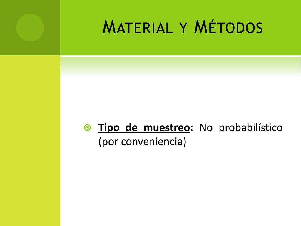 Material y Métodos Tipo de muestreo: No probabilístico (por conveniencia)