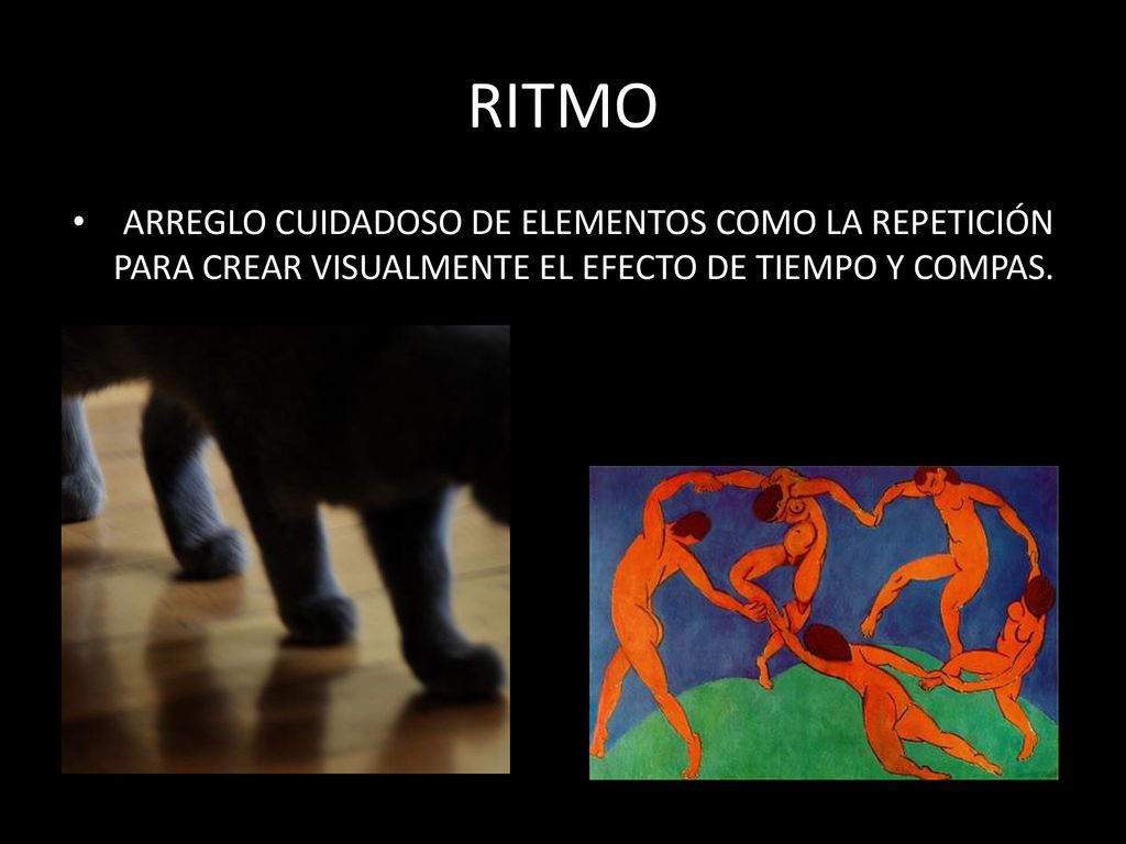 RITMO ARREGLO CUIDADOSO DE ELEMENTOS COMO LA REPETICIÓN PARA CREAR VISUALMENTE EL EFECTO DE TIEMPO Y COMPAS.