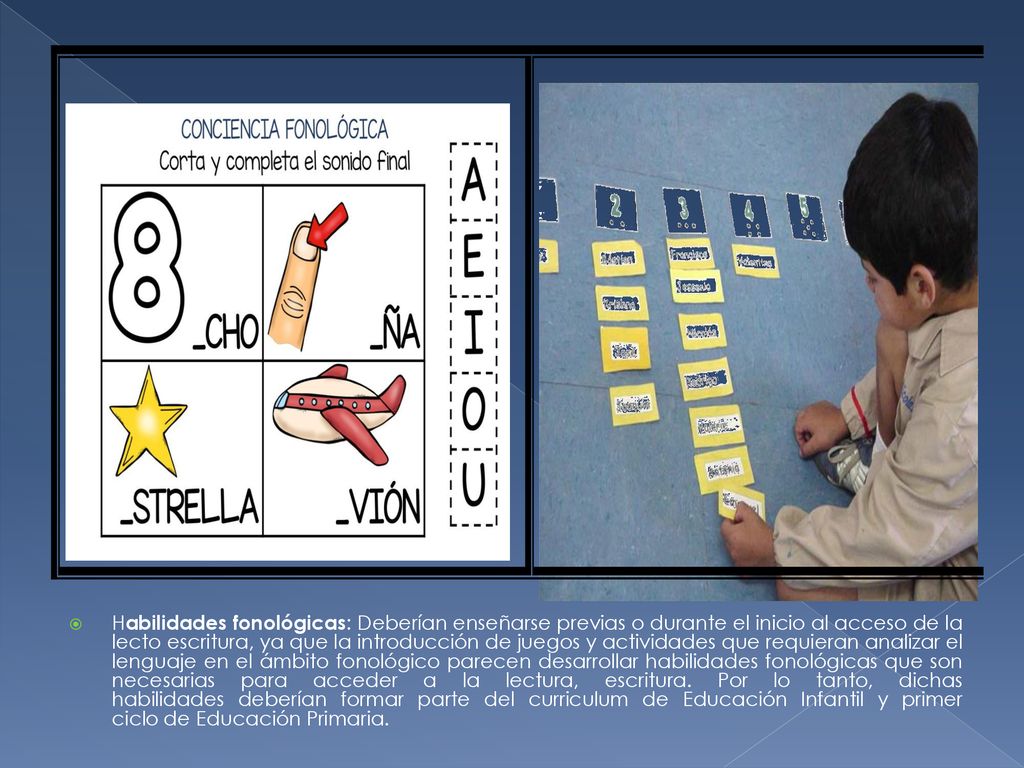 Habilidades fonológicas: Deberían enseñarse previas o durante el inicio al acceso de la lecto escritura, ya que la introducción de juegos y actividades que requieran analizar el lenguaje en el ámbito fonológico parecen desarrollar habilidades fonológicas que son necesarias para acceder a la lectura, escritura.