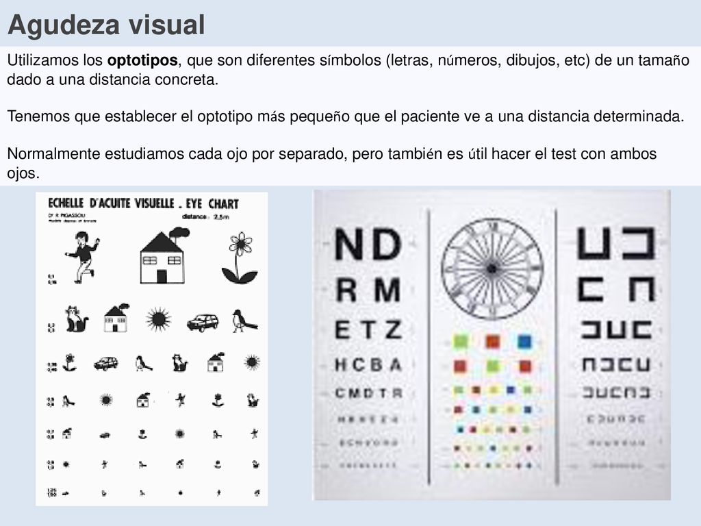 Agudeza visual Utilizamos los optotipos, que son diferentes símbolos (letras, números, dibujos, etc) de un tamaño dado a una distancia concreta.