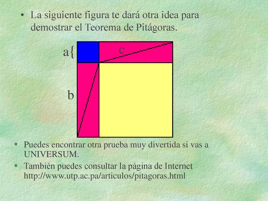 La siguiente figura te dará otra idea para demostrar el Teorema de Pitágoras.