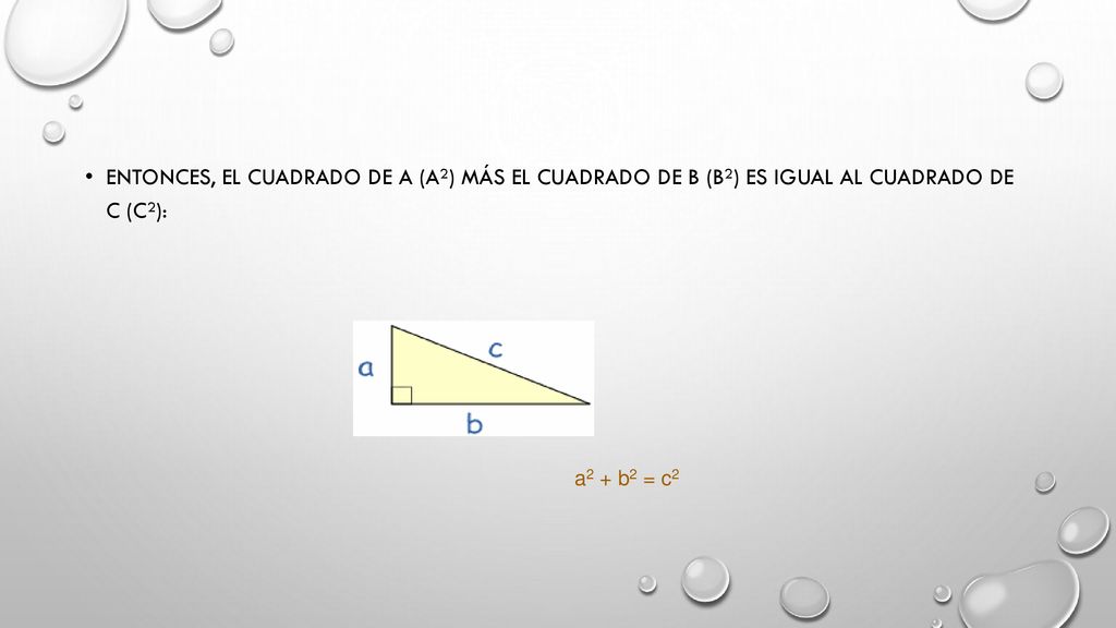 Entonces, el cuadrado de a (a²) más el cuadrado de b (b²) es igual al cuadrado de c (c²):