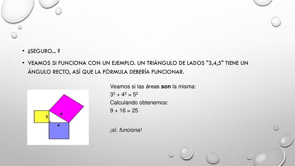 ¿Seguro... Veamos si funciona con un ejemplo. Un triángulo de lados 3,4,5 tiene un ángulo recto, así que la fórmula debería funcionar.