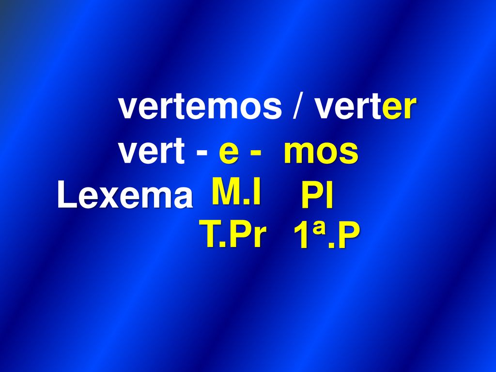 vertemos / verter vert - e - mos Lexema M.I Pl T.Pr 1ª.P