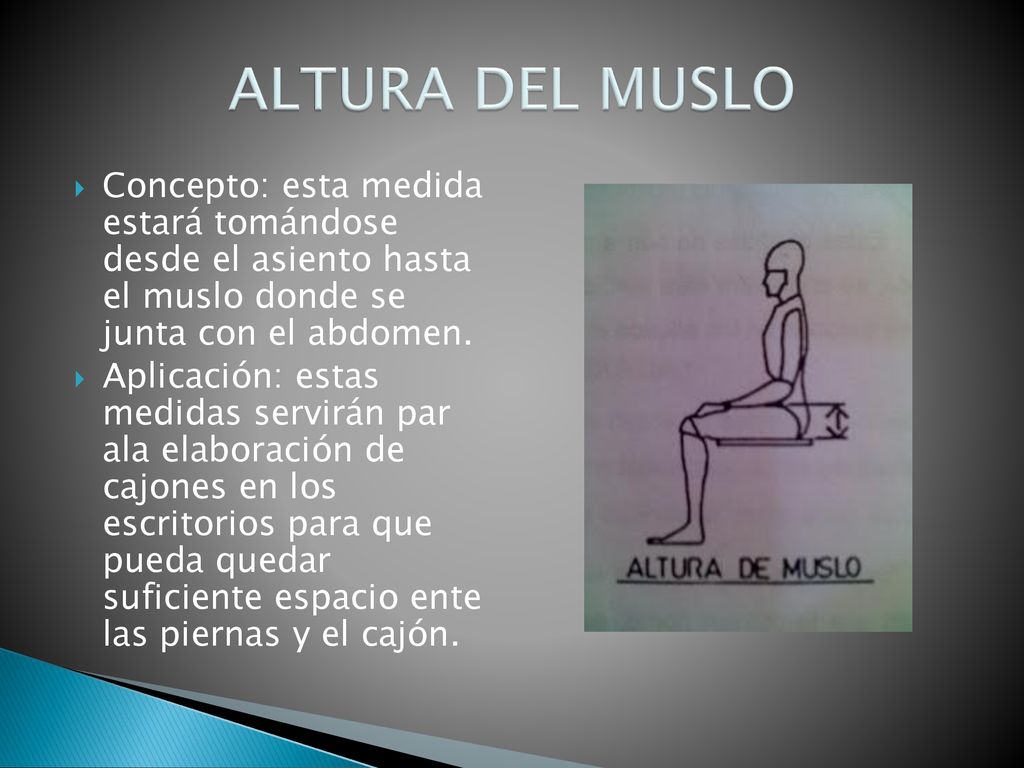 ALTURA DEL MUSLO Concepto: esta medida estará tomándose desde el asiento hasta el muslo donde se junta con el abdomen.
