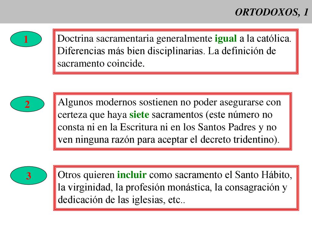 ORTODOXOS, 1 1. Doctrina sacramentaria generalmente igual a la católica. Diferencias más bien disciplinarias. La definición de.