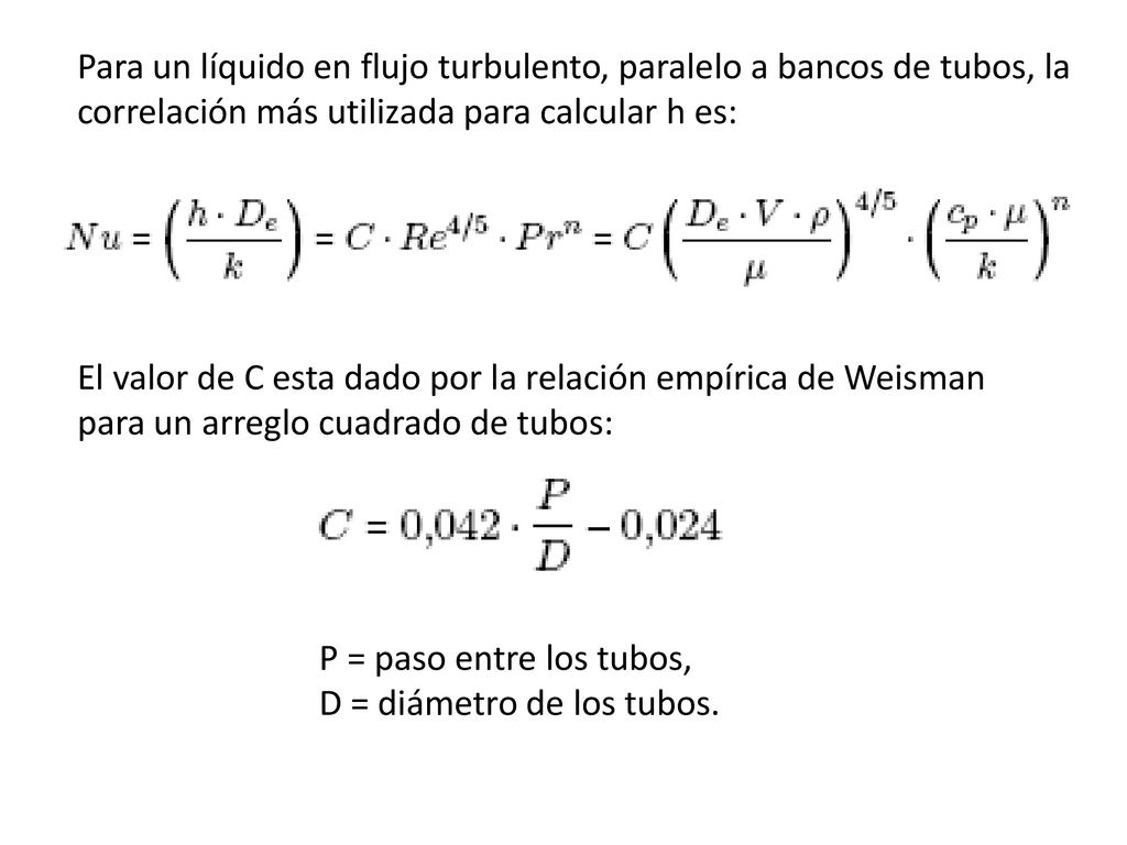 Para un líquido en flujo turbulento, paralelo a bancos de tubos, la correlación más utilizada para calcular h es: