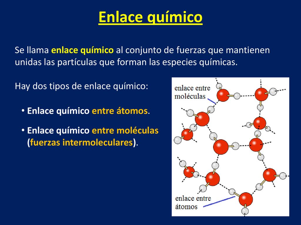 Enlace químico Se llama enlace químico al conjunto de fuerzas que mantienen unidas las partículas que forman las especies químicas.