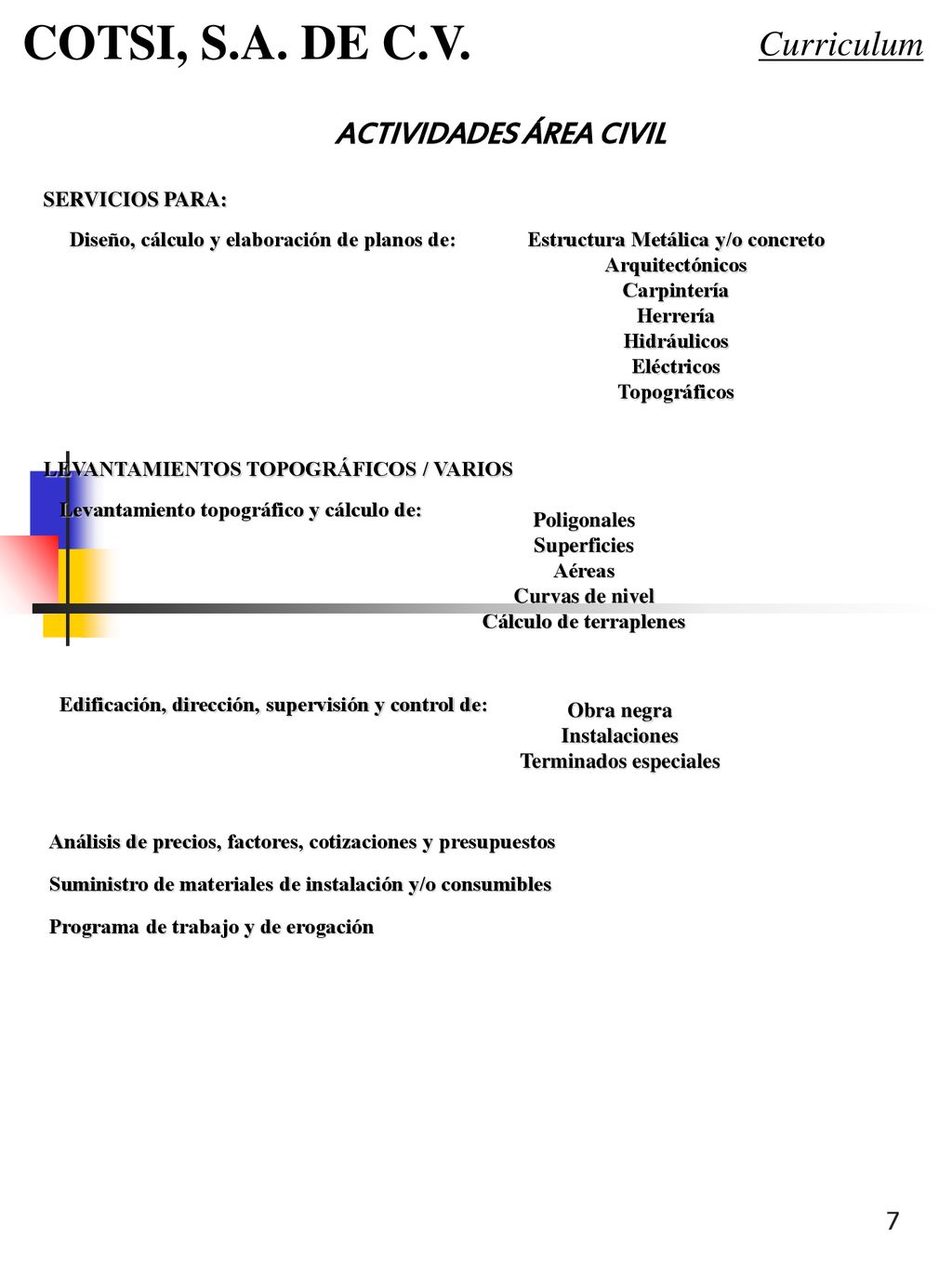 COTSI, S.A. DE C.V. Curriculum ACTIVIDADES ÁREA CIVIL SERVICIOS PARA: