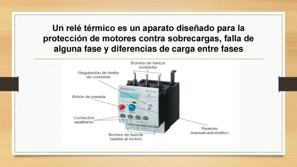Un relé térmico es un aparato diseñado para la protección de motores contra sobrecargas, falla de alguna fase y diferencias de carga entre fases