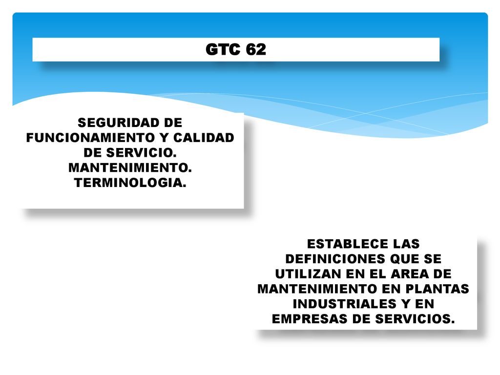 GTC 62 SEGURIDAD DE FUNCIONAMIENTO Y CALIDAD DE SERVICIO. MANTENIMIENTO. TERMINOLOGIA.