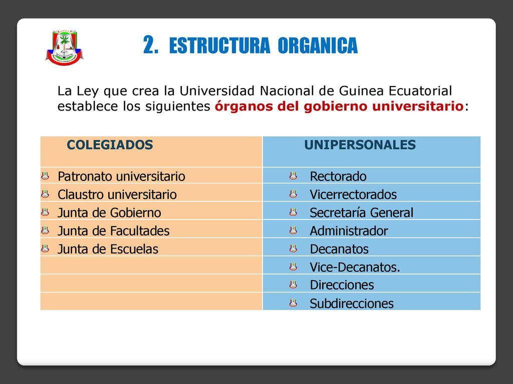 2. ESTRUCTURA ORGANICA La Ley que crea la Universidad Nacional de Guinea Ecuatorial.