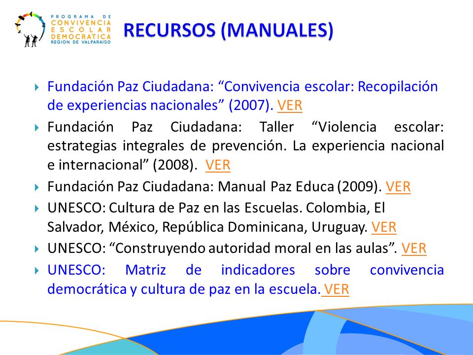 RECURSOS (MANUALES) Fundación Paz Ciudadana: Convivencia escolar: Recopilación de experiencias nacionales (2007). VER.