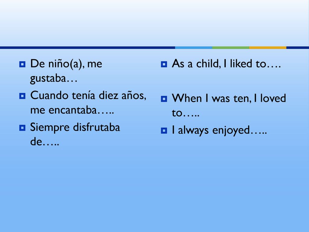 De niño(a), me gustaba… Cuando tenía diez años, me encantaba….. Siempre disfrutaba de….. As a child, I liked to….