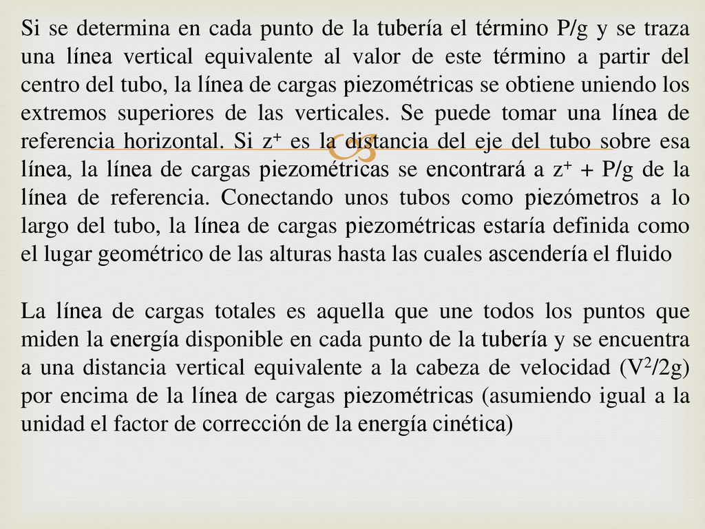 Si se determina en cada punto de la tubería el término P/g y se traza una línea vertical equivalente al valor de este término a partir del centro del tubo, la línea de cargas piezométricas se obtiene uniendo los extremos superiores de las verticales. Se puede tomar una línea de referencia horizontal. Si z+ es la distancia del eje del tubo sobre esa línea, la línea de cargas piezométricas se encontrará a z+ + P/g de la línea de referencia. Conectando unos tubos como piezómetros a lo largo del tubo, la línea de cargas piezométricas estaría definida como el lugar geométrico de las alturas hasta las cuales ascendería el fluido