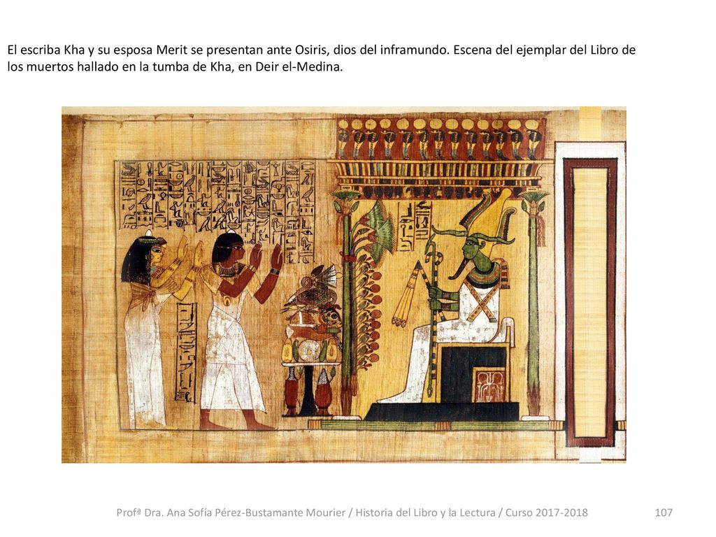 El escriba Kha y su esposa Merit se presentan ante Osiris, dios del inframundo. Escena del ejemplar del Libro de los muertos hallado en la tumba de Kha, en Deir el-Medina.