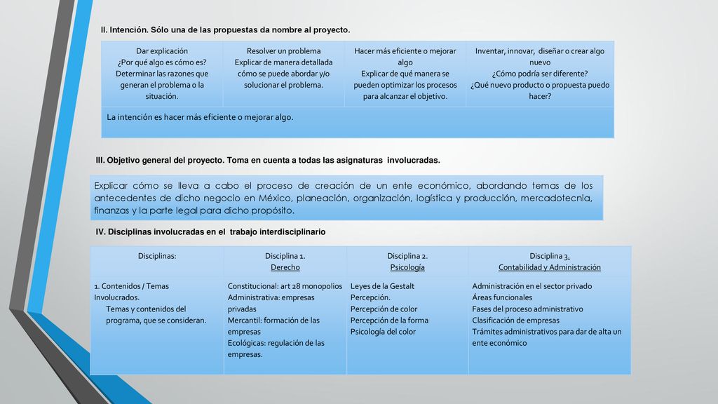 II. Intención. Sólo una de las propuestas da nombre al proyecto.
