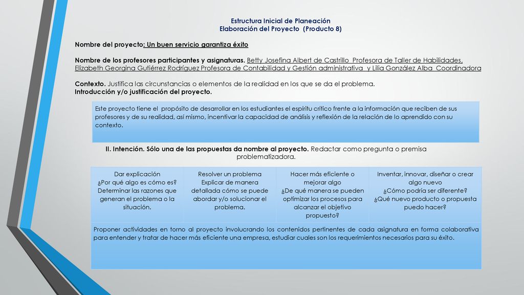 Estructura Inicial de Planeación Elaboración del Proyecto (Producto 8)