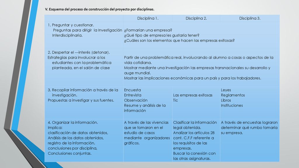 V. Esquema del proceso de construcción del proyecto por disciplinas.