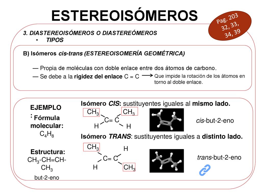 ESTEREOISÓMEROS Pag , 33, 34, DIASTEREOISÓMEROS O DIASTEREÓMEROS. TIPOS. B) Isómeros cis-trans (ESTEREOISOMERÍA GEOMÉTRICA)