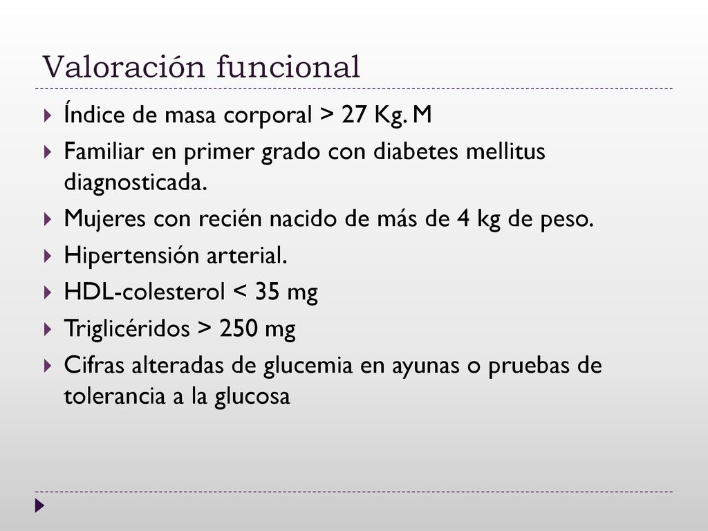 Valoración funcional Índice de masa corporal > 27 Kg. M
