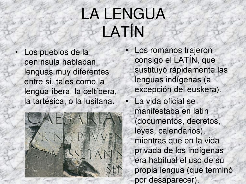 LA LENGUA LATÍN Los romanos trajeron consigo el LATÍN, que sustituyó rápidamente las lenguas indígenas (a excepción del euskera).